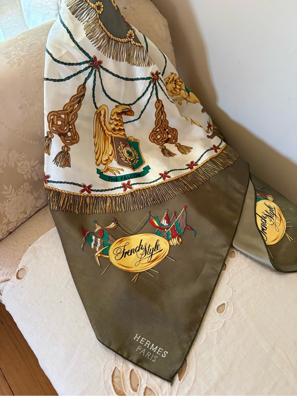 Hermes Olive Green and White Silk Throw with Gold Motifs